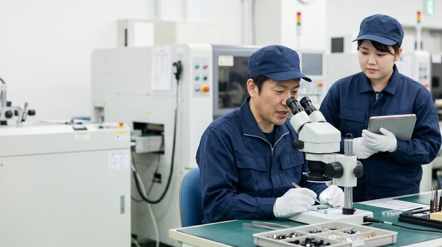 製造業の工場でピンセットを使って精密部品の検査手順を説明し教育するベテラン技術者の作業風景