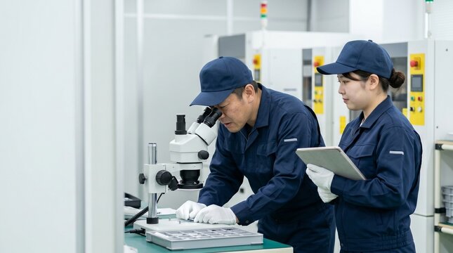 製造業の工場で顕微鏡を使った精密部品の検査作業を教育する日本人ベテラン技術者と研修中の女性
