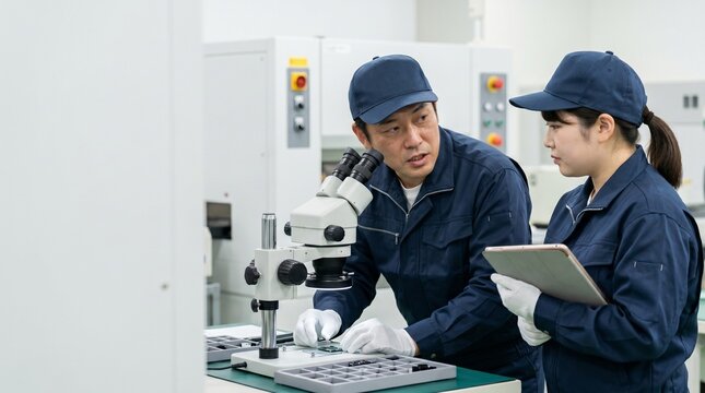 製造業の工場で顔を上げて新人女性作業員に品質管理の技術を教育するベテラン技術者の業務風景