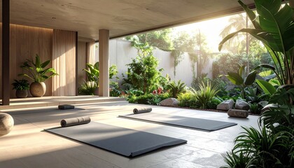 Fototapeta premium An empty luxury room with a wooden floor features a large glass window offering a bright indoor view of a tropical resort hotel with a pool nestled in a lush jungle garden