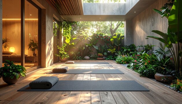 An empty luxury room with a wooden floor features a large glass window offering a bright indoor view of a tropical resort hotel with a pool nestled in a lush jungle garden