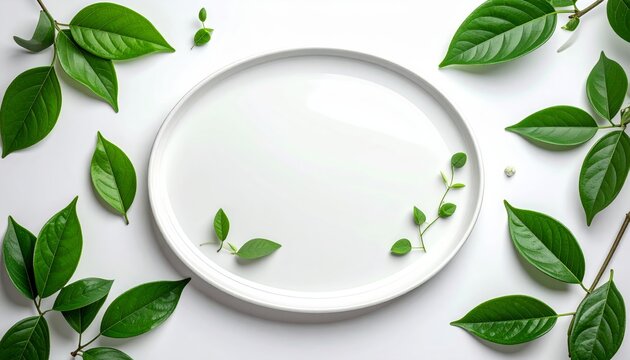 A fresh bowl of healthy organic green tea with mint leaves on a white plate makes a perfect vegetarian dish