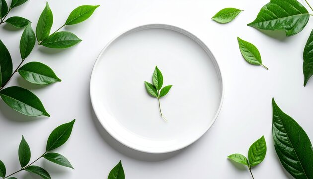 A fresh bowl of healthy organic green tea with mint leaves on a white plate makes a perfect vegetarian dish