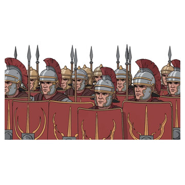 Vector illustration of Roman legionary soldiers in a close battle formation wearing galea helmets with red crests and holding scutum shields and pilum spears on a white background.