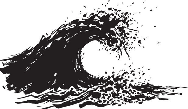 Powerful black and white illustration of a large ocean wave breaking and splashing with dynamic water particles and foam in a grunge style, crashing