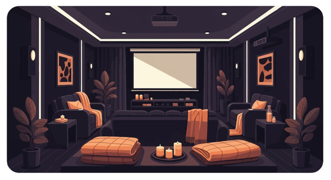 Vector illustration of a modern dark home theater room with a projector screen, comfortable seating, orange blankets, lit candles, potted plants, and ambient recessed lighting.