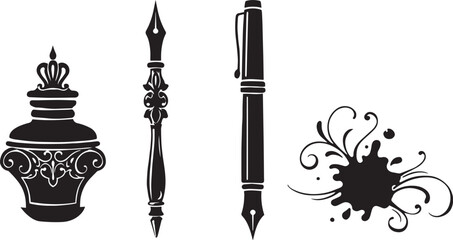 Fototapeta premium Vintage fountain pen and inkwell vector set, antique calligraphy writing tools, black ink splash with decorative swirls, classic stationery icons