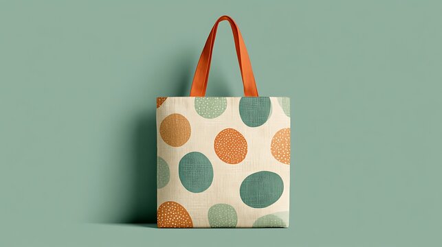 Minimalist canvas tote bag with teal and orange polka dot pattern