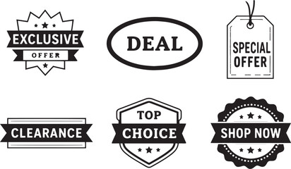 Obraz premium Vintage sale labels and retail badges set, black and white promotional stickers, 6 vector marketing icons for exclusive offers and clearance
