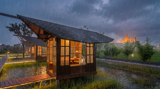 Dramatic heavy rain over a cozy illuminated wooden homestay pavilion in a flooded rice paddy, featuring Wat Tham Suea temple in the moody background, Kanchanaburi.