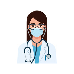 Fototapeta premium Minimalist flat vector illustration of a professional female doctor wearing a white medical lab coat, surgical face mask, eyeglasses, and stethoscope around her neck, isolated.