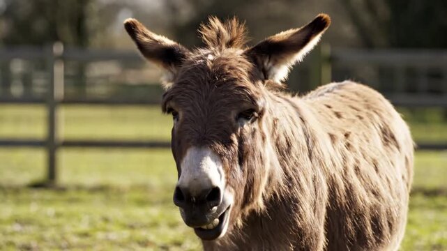 A close-up portrait of a brown donkey with its ears perked up, standing in a grassy field with a wooden fence in the background.