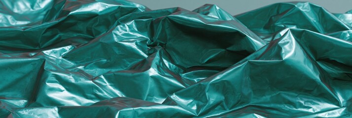 Obraz premium Crinkled teal metallic foil texture background for banners and packaging design with reflective surfaces and dramatic lighting for modern layouts