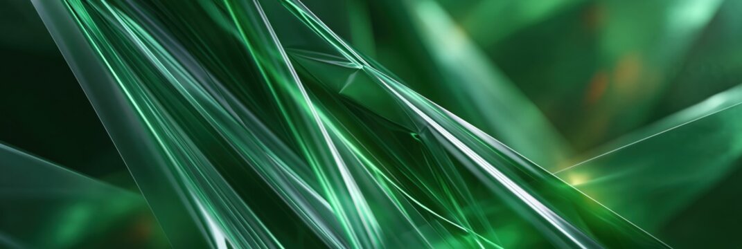 Panoramic glossy green abstract crystalline surface with sharp folds and reflective highlights for banner and wallpaper design