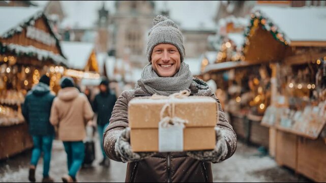 Joyful man in warm winter clothes offering a gift box and smiling at a snowy christmas market