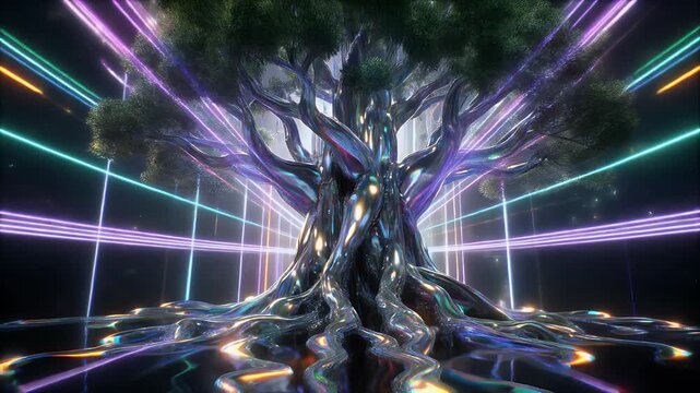 Surreal digital art depicting a glowing tree with intricate roots and branches, surrounded by neon light beams