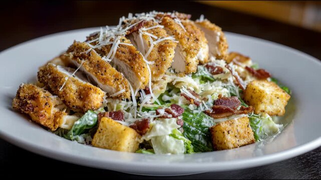 Hand with a fork eating a fresh chicken caesar salad with bacon, croutons, and parmesan cheese