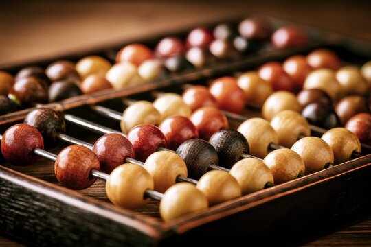 Close-up of vintage wooden abacus with colorful beads counting mathematics finance concept