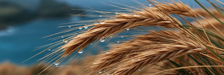 Obraz premium Close-up wheat ears with water droplets over coastal water for natural banner and rustic wallpaper with golden tones and fresh morning moisture