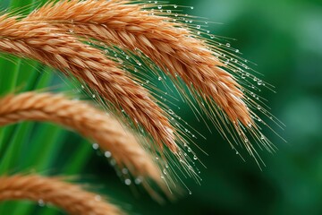 Obraz premium Close-up of dew on golden grass heads with water droplets for botanical macro nature background and design