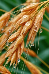 Obraz premium Macro closeup of golden wheat spikes with water droplets and crystal beads for natural background and agricultural detail design