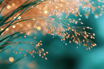 Fototapeta premium Golden seed heads with dewdrops and teal bokeh background for botanical wallpaper and closeup nature design with warm glow