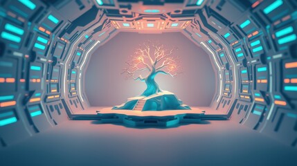 Obraz premium Futuristic corridor frames glowing tree. Minimalist design, cool tones dominate, creating serene digital landscape. Focus on symmetry, light.