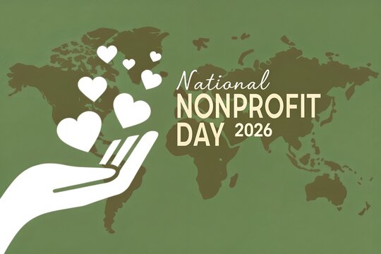National nonprofit day graphic featuring a symbolic open hand holding multiple white hearts against a detailed world map background to celebrate charitable giving and global community support for huma