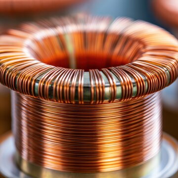 Macro close-up of copper wire inductor coil for electromagnet electronics manufacturing detail