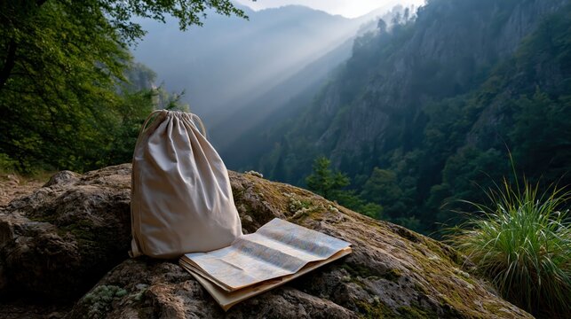 Drawstring canvas bag and unfolded map on mossy rock with sunlit valley view for outdoor travel poster and adventure background