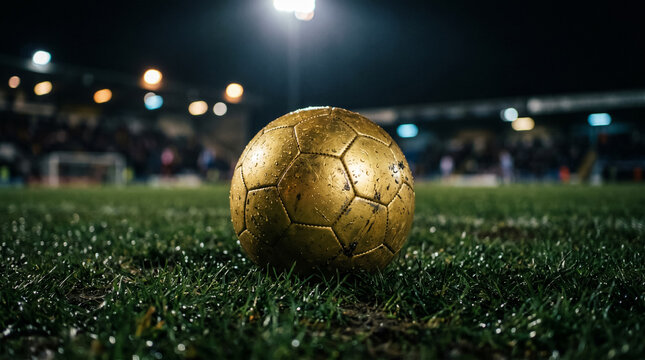 Golden soccer ball resting on a wet grass field at night illuminated by bright stadium floodlights in this professional sports photograph capturing the essence of a high stakes championship match