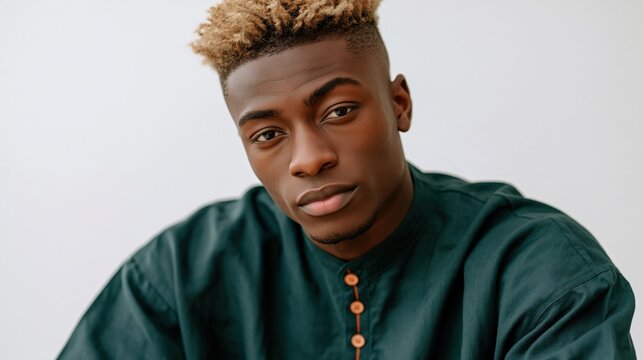 Closeup portrait of young man with blonde hair and dark green shirt for professional profile headshot and business background use
