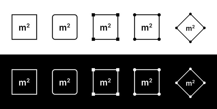 Collection of various square and rectangle icons with square meters symbol on white and black background
