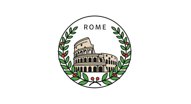 Illustrated Rome Colosseum Emblem with Laurel Wreath Design.