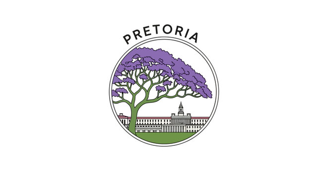 Vibrant Pretoria Logo with Jacaranda Tree and Building Silhouette.