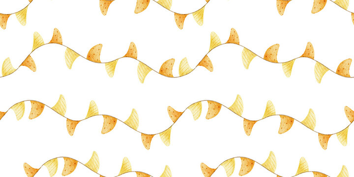 Yellow bunting flags kids watercolor isolated seamless pattern. Festive print garland of flag for birthday party. Nursery endless background for baby shower, wrapping paper, adornment, anniversary