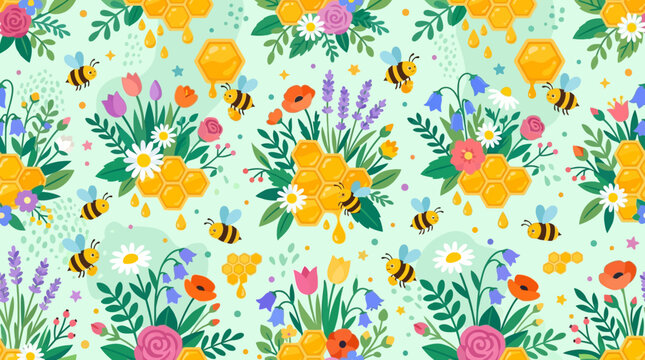 Flat vector wildflower honey seamless pattern, blooming flowers, bees and dripping honey, colorful spring illustration