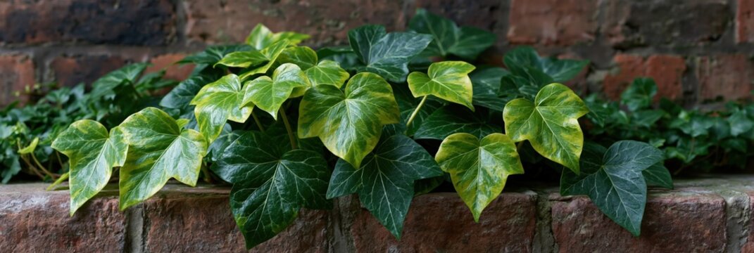 Dark green ivy trailing over old brick ledge background for rustic garden banner and outdoor wall decoration