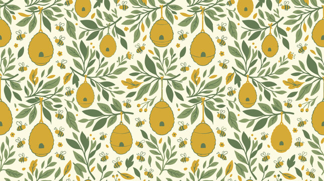 Simple bee hive seamless pattern, hanging hives, flying bees and leaves, flat vector natural illustration