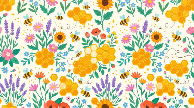 Flat vector wildflower honey seamless pattern, blooming flowers, bees and dripping honey, colorful spring illustration