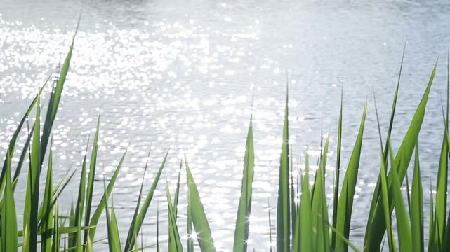 Tall green reeds stand in foreground while lake water gently ripples behind them, sunlight reflections shimmer and shift as grass blades slightly sway creating calm natural lakeside movement scene