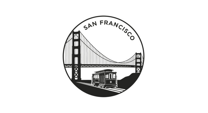 Iconic San Francisco Golden Gate Bridge and Cable Car Illustration.