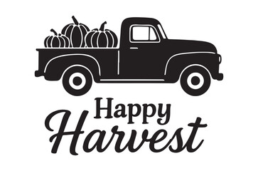 Obraz premium Vintage pickup truck with pumpkins black silhouette with harvest text