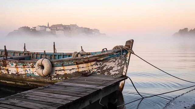 Old wooden boat docked on foggy lake at sunrise