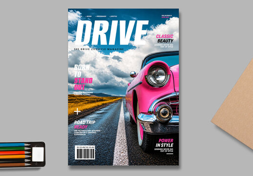 Vintage Car Magazine Cover Template With Retro Classic Automobile
