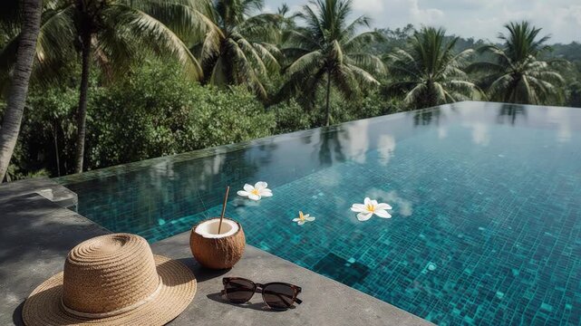 pool scene  clear aqua water with soft ripples  scattered white frangipani flowers forming a natural pattern  coconut drink  sunglasses  and woven hat arranged on warm stone surface