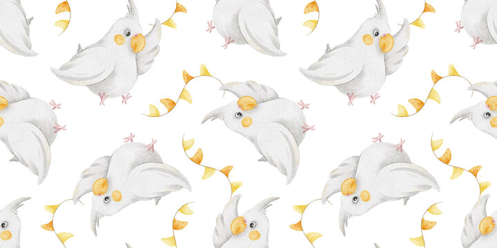 Cute corella parrot and bunting garland watercolor seamless pattern. Whimsical tropical birds nursery endless background for kids textile, fabric, baby shower, wrapping paper and birthday party decor