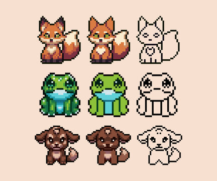 A 2D pixel art asset bundle featuring a collection of cute animal characters, including a green-eyed fox, a big-eyed green frog, and a brown puppy dog with floppy ears.