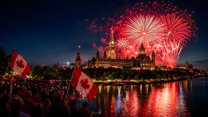Canada Day Fireworks Over Parliament Hill in Ottawa at Night