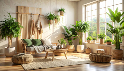 Fototapeta premium Wooden furniture organic fabric indoor plant eco lifestyle natural light cozy living room modern